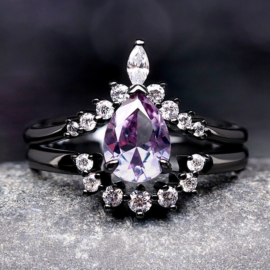 Alexandrite Engagement Ring Set, Crab Nebula Ring, Pear Cut Stone, Black Gold Filled 925 Sterling Silver Ring Set, Outer Space Wedding Ring
