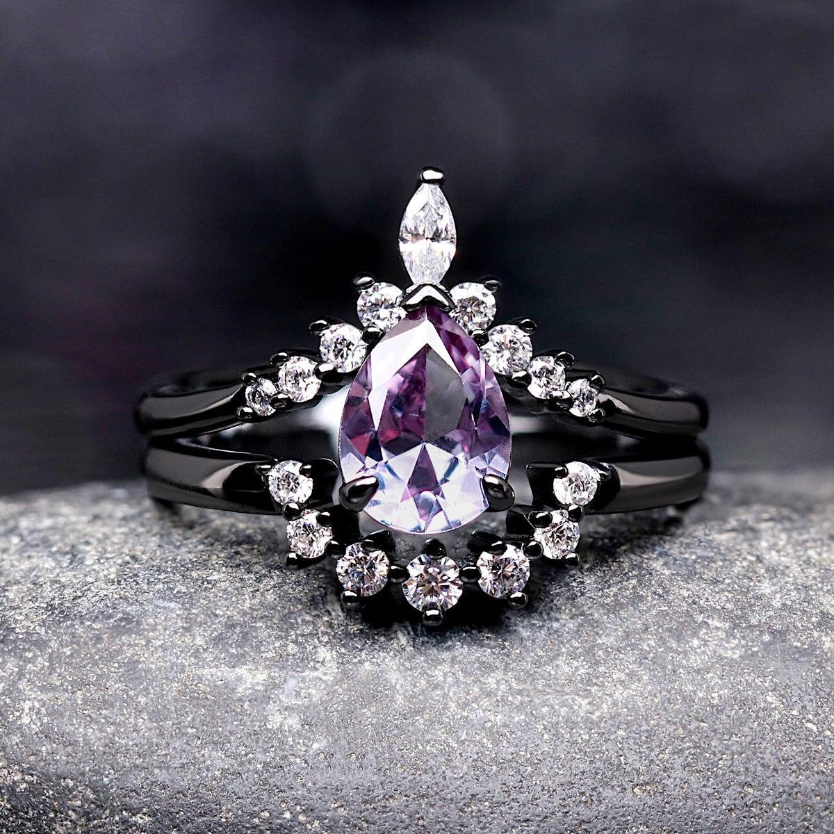 Alexandrite Ring Set, Crab Nebula, His and Her Wedding Bands, Black Hammered Tungsten Band, Purple Space Ring, Couples Engagement Ring Set