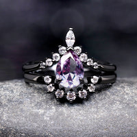 Alexandrite Ring Set, Crab Nebula, His and Her Wedding Bands, Black Hammered Tungsten Band, Purple Space Ring, Couples Engagement Ring Set