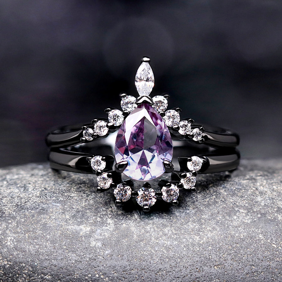 Alexandrite Ring Set, Crab Nebula, His and Her Wedding Bands, Black Hammered Tungsten Band, Purple Space Ring, Couples Engagement Ring Set