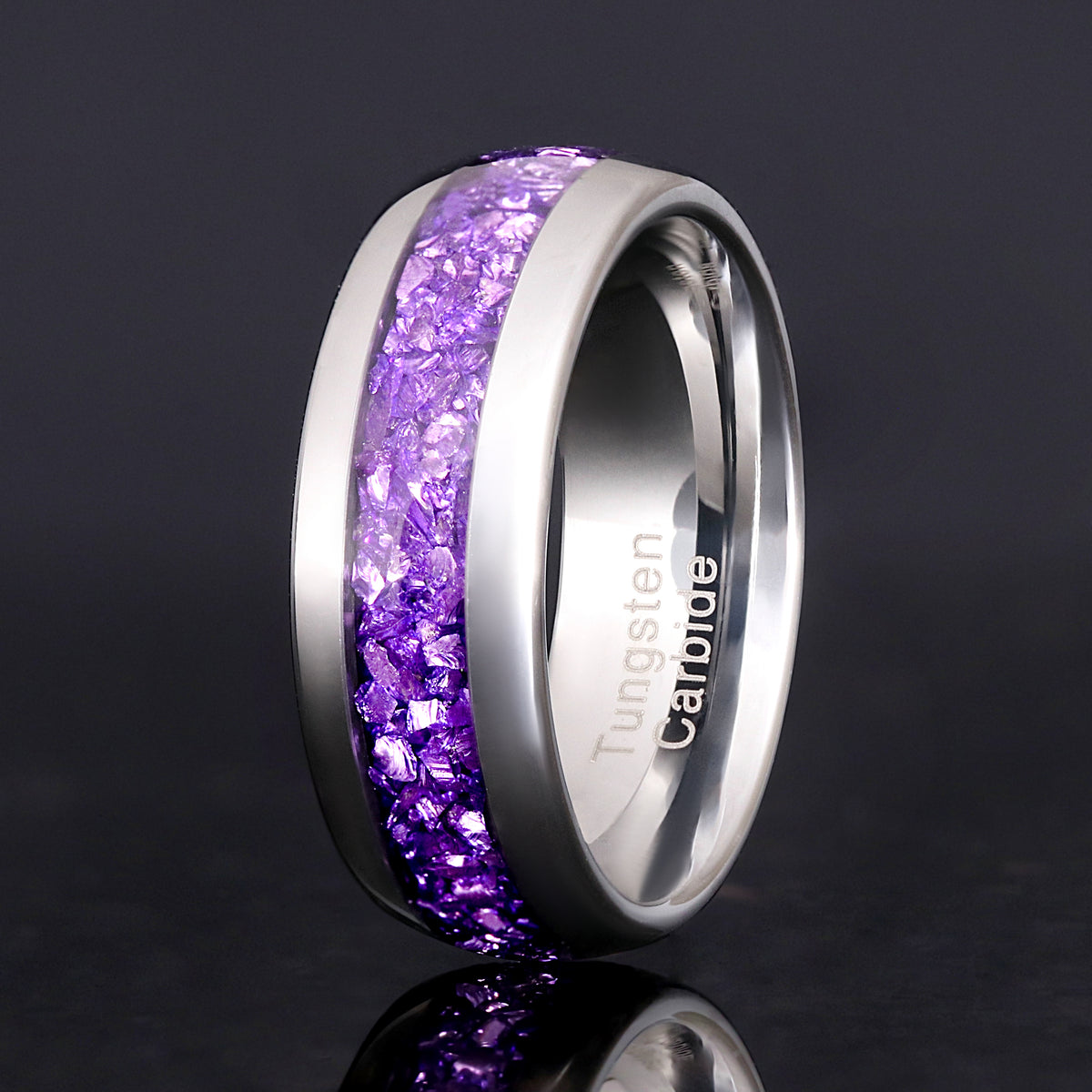 Amethyst Ring, Purple Men’s Wedding Band, 8mm Silver Tungsten Ring, Unique Men’s Engagement Band, Promise Ring Gift, Dome Polish Comfort Fit