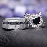 Lava Rock & Black Onyx Couples Ring, His and Hers Ring, Tungsten and Sterling Silver, Hammered Volcanic Ring, Promise Ring Set for Couples