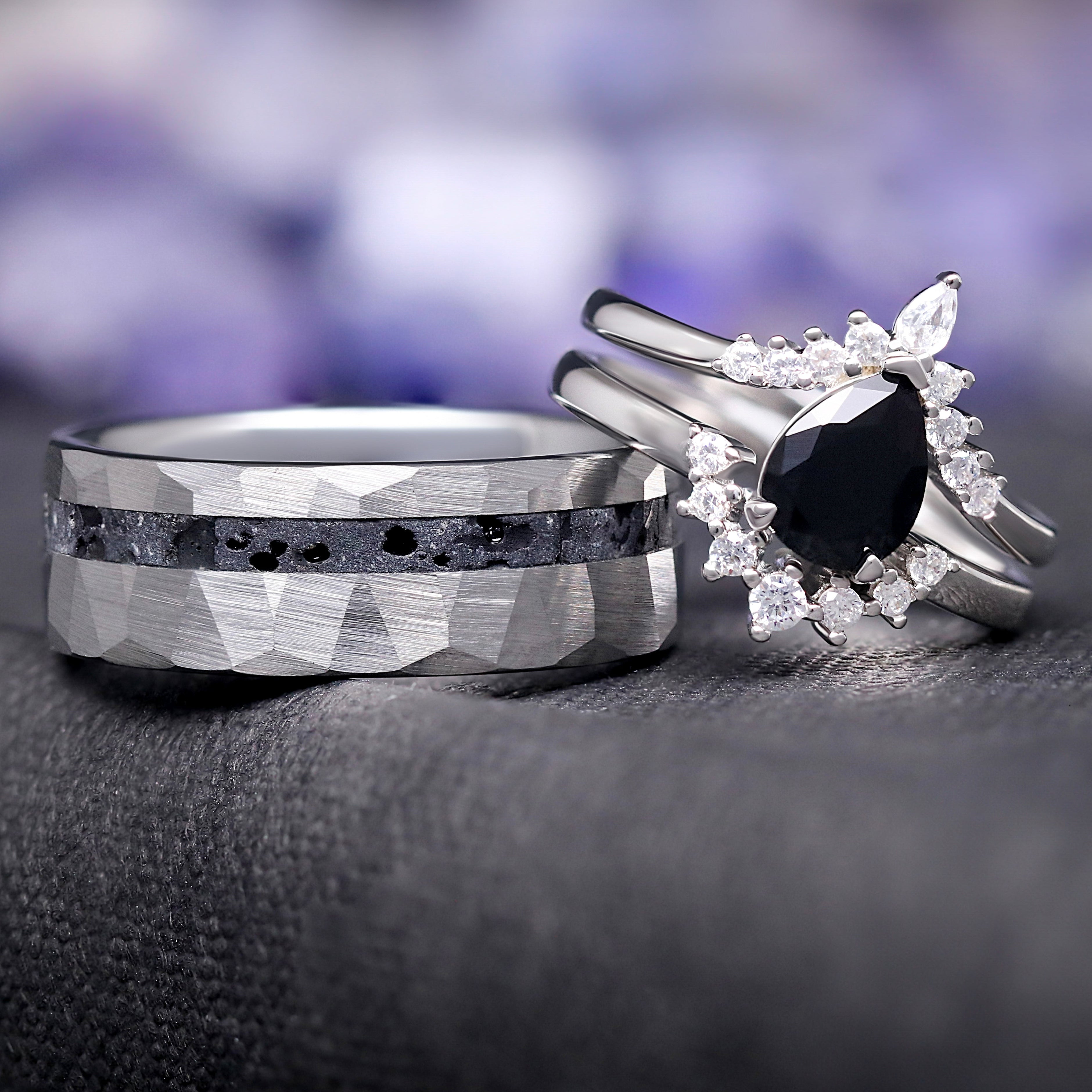 Lava Rock & Black Onyx Couples Ring, His and Hers Ring, Tungsten and Sterling Silver, Hammered Volcanic Ring, Promise Ring Set for Couples