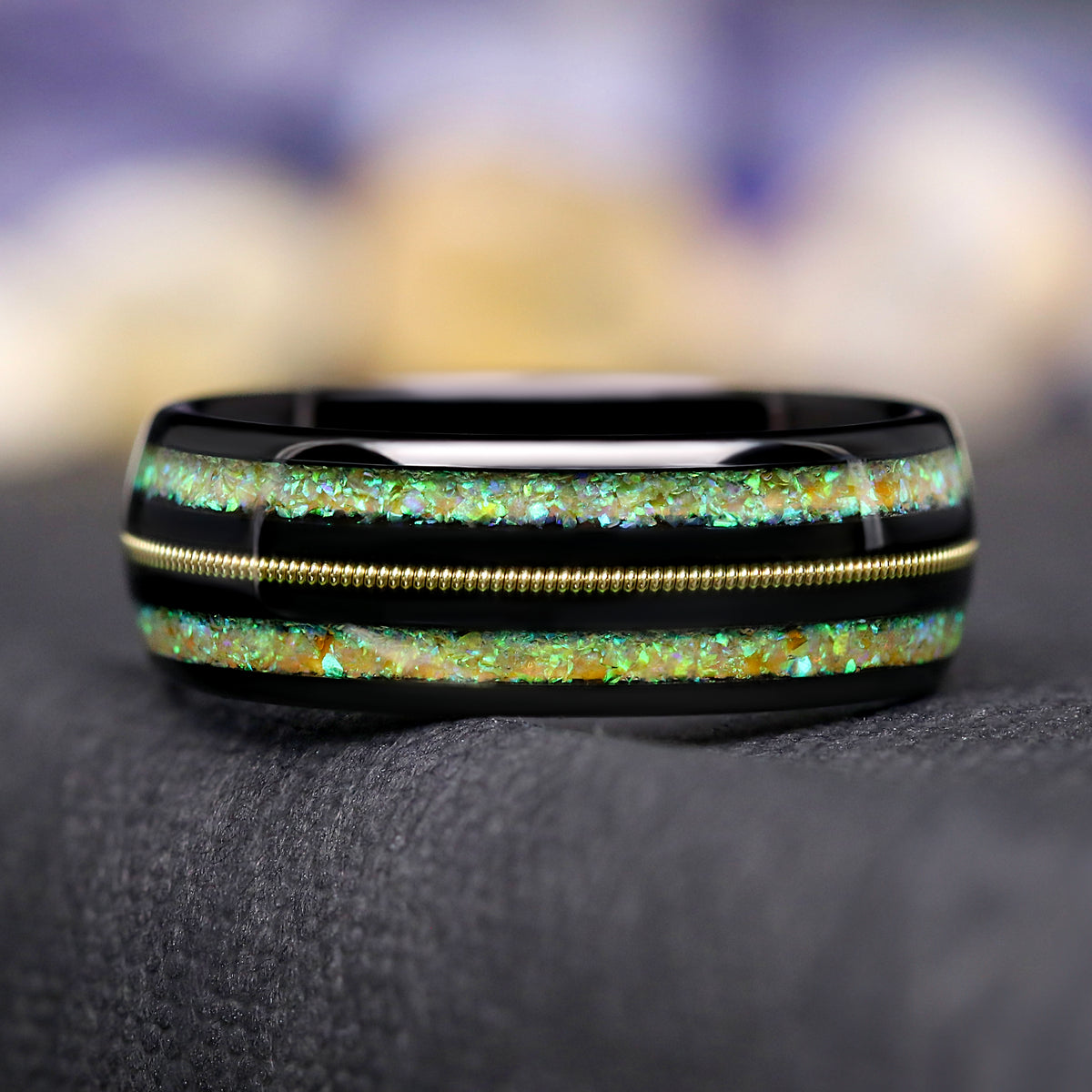 Gold Guitar String Inlay Ring | Black Tungsten Mens Wedding Band 8mm