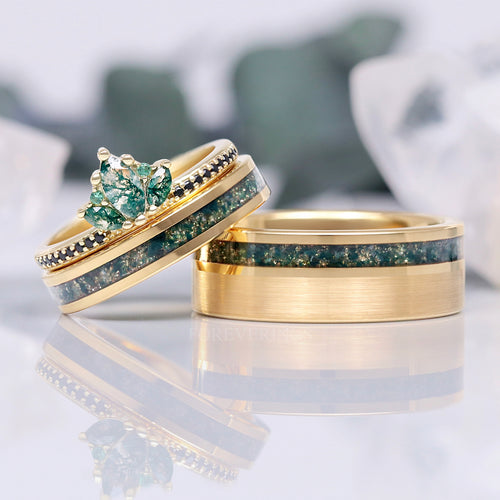 His & Her Moss Agate Lotus Crown Ring Set, Gold Engagement Ring, Matching Nature-Inspired Ring, Enchanted Fantasy Wedding, Promise Ring for Couple