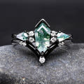 Unique green moss agate engagement and wedding ring set for couples