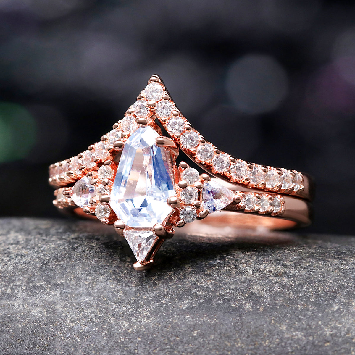 Rose gold and silver aquamarine engagement ring set for her
