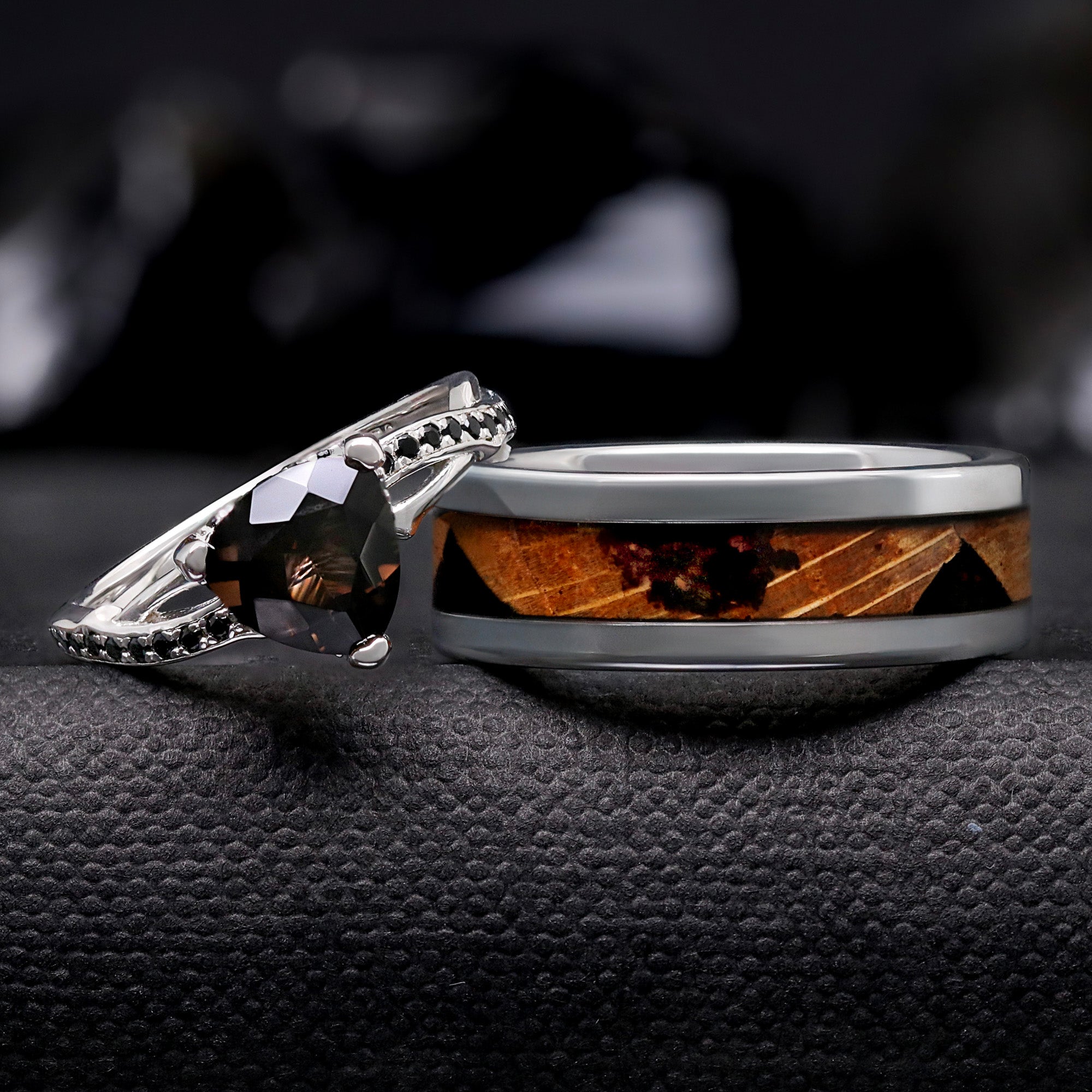 Smoky Quartz Ring Set, Coffee Bean Whiskey Barrel Tungsten Wedding Bands