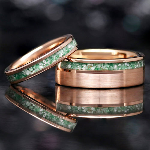 Moss agate couples ring set in rose gold