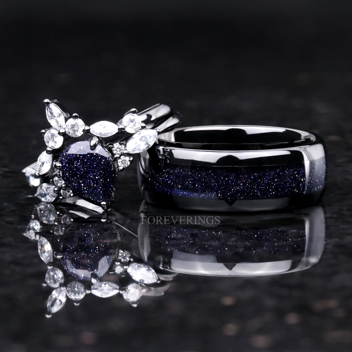 Great Rift Nebula Ring, Black Rhodium Engagement Ring Set, Black Ring, 925 Sterling Silver, Outer Space Wedding Band, Blue Sandstone Ring