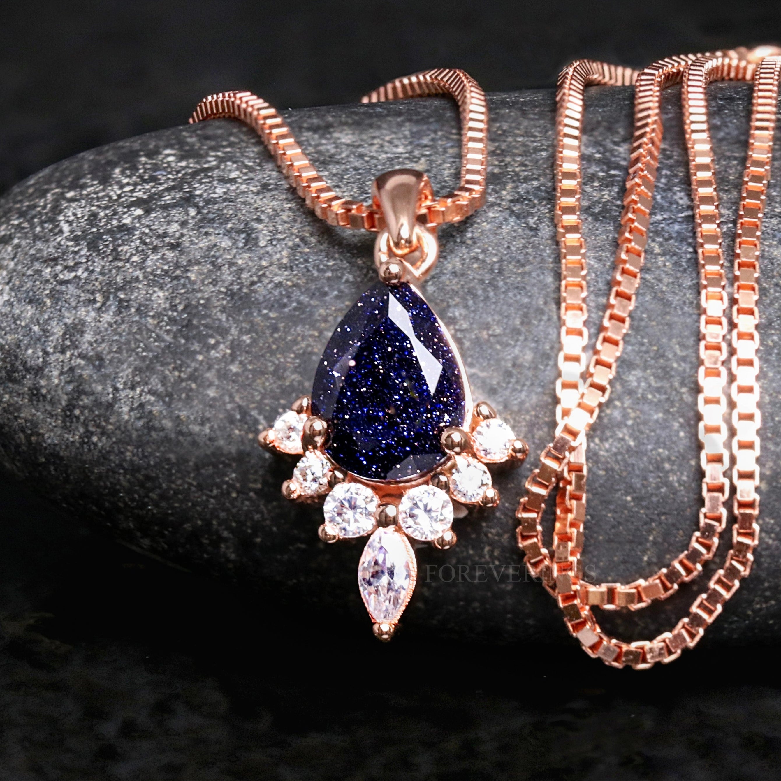 Starry Night Rose Gold Pendant Necklace, Pear Cut Sandstone, Outer Space Necklace, 925 Sterling Silver, Rose Gold Box Chain, Gift for Her