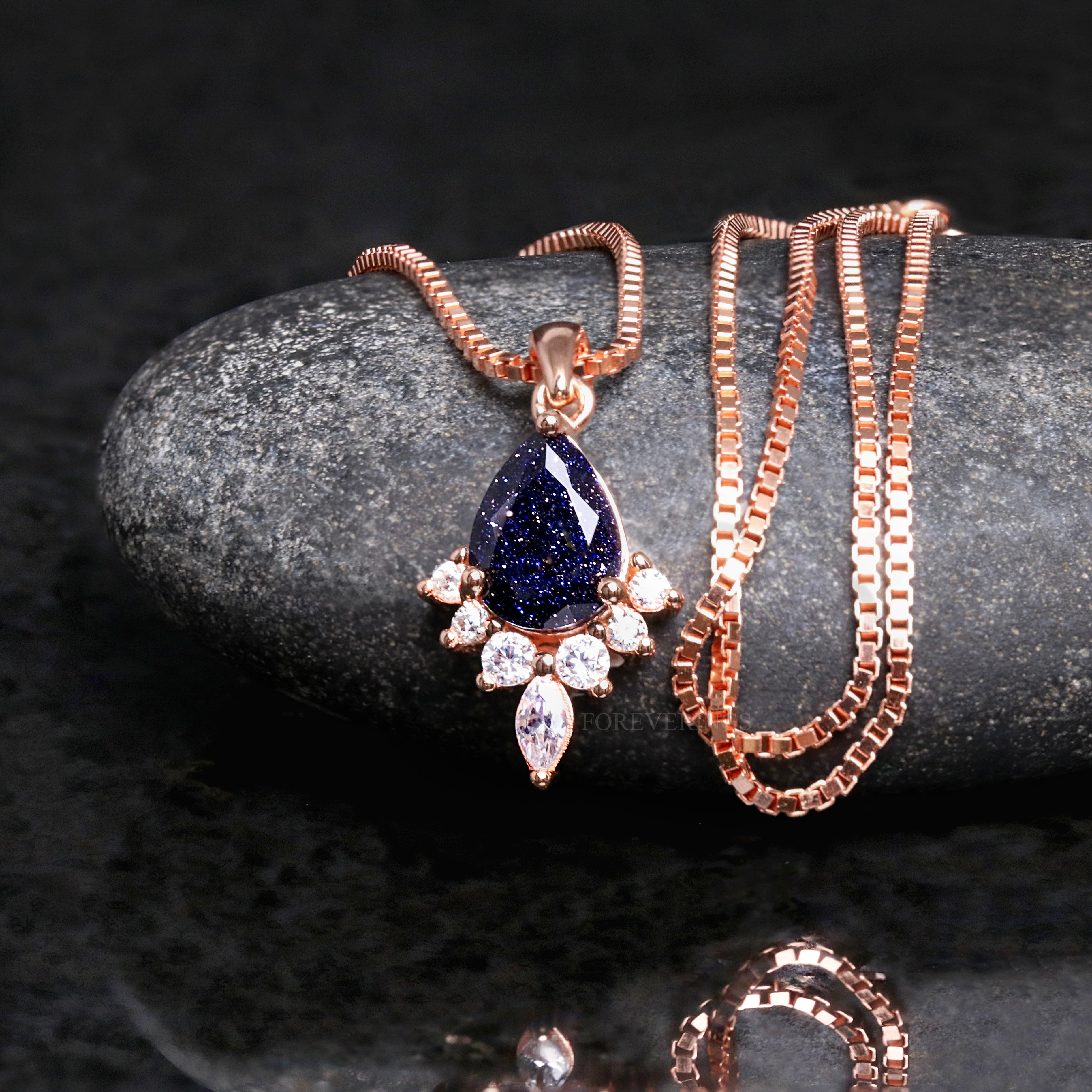 Starry Night Rose Gold Pendant Necklace, Pear Cut Sandstone, Outer Space Necklace, 925 Sterling Silver, Rose Gold Box Chain, Gift for Her