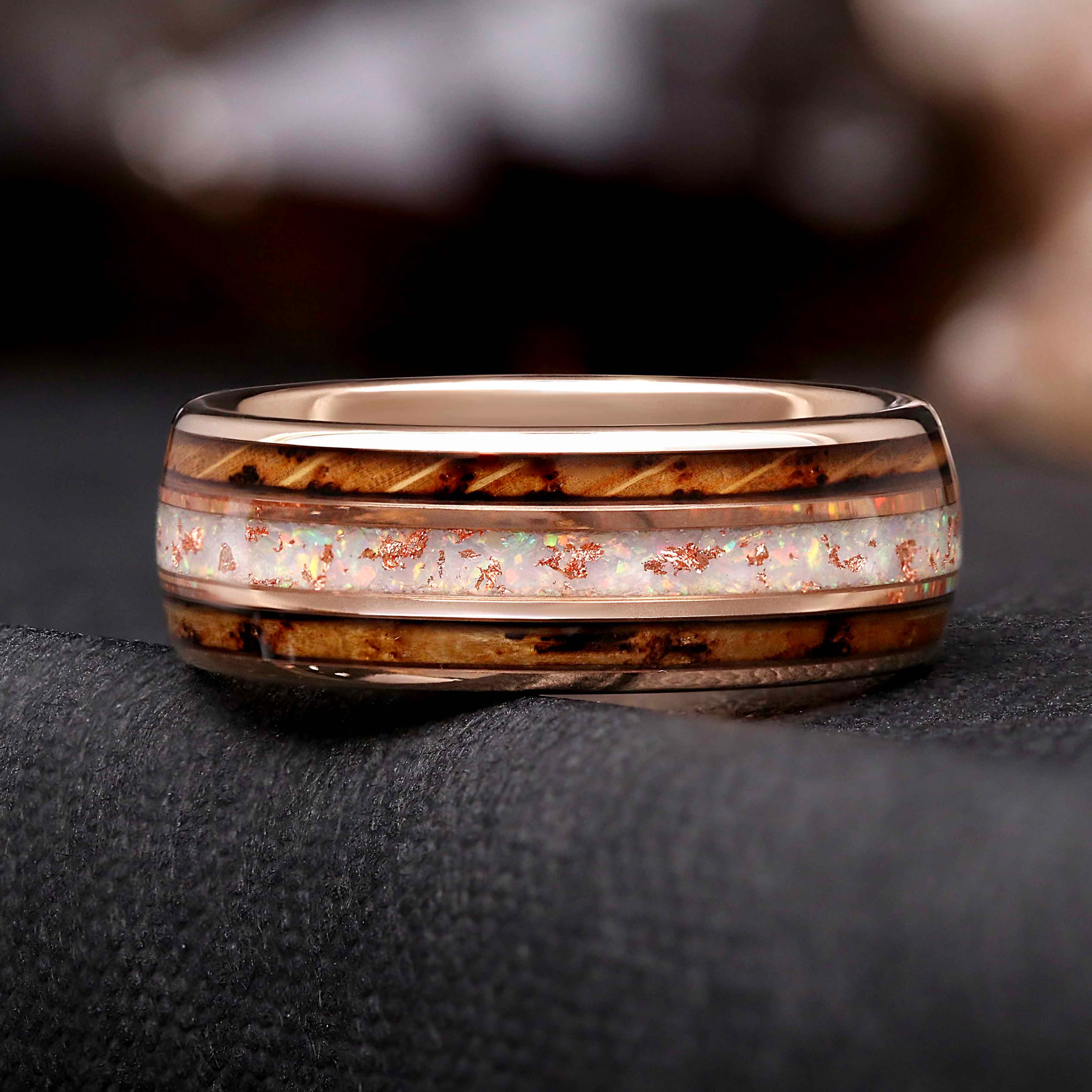 Men’s Opal Wedding Band with Whiskey Barrel, Rose Gold Foil, 8mm Tungsten