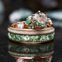 Nesta Rose Gold Moss Agate Ring Set - Unique Rose Gold Engagement & Wedding Rings, His and Her Nature-Inspired Promise Rings for Couples