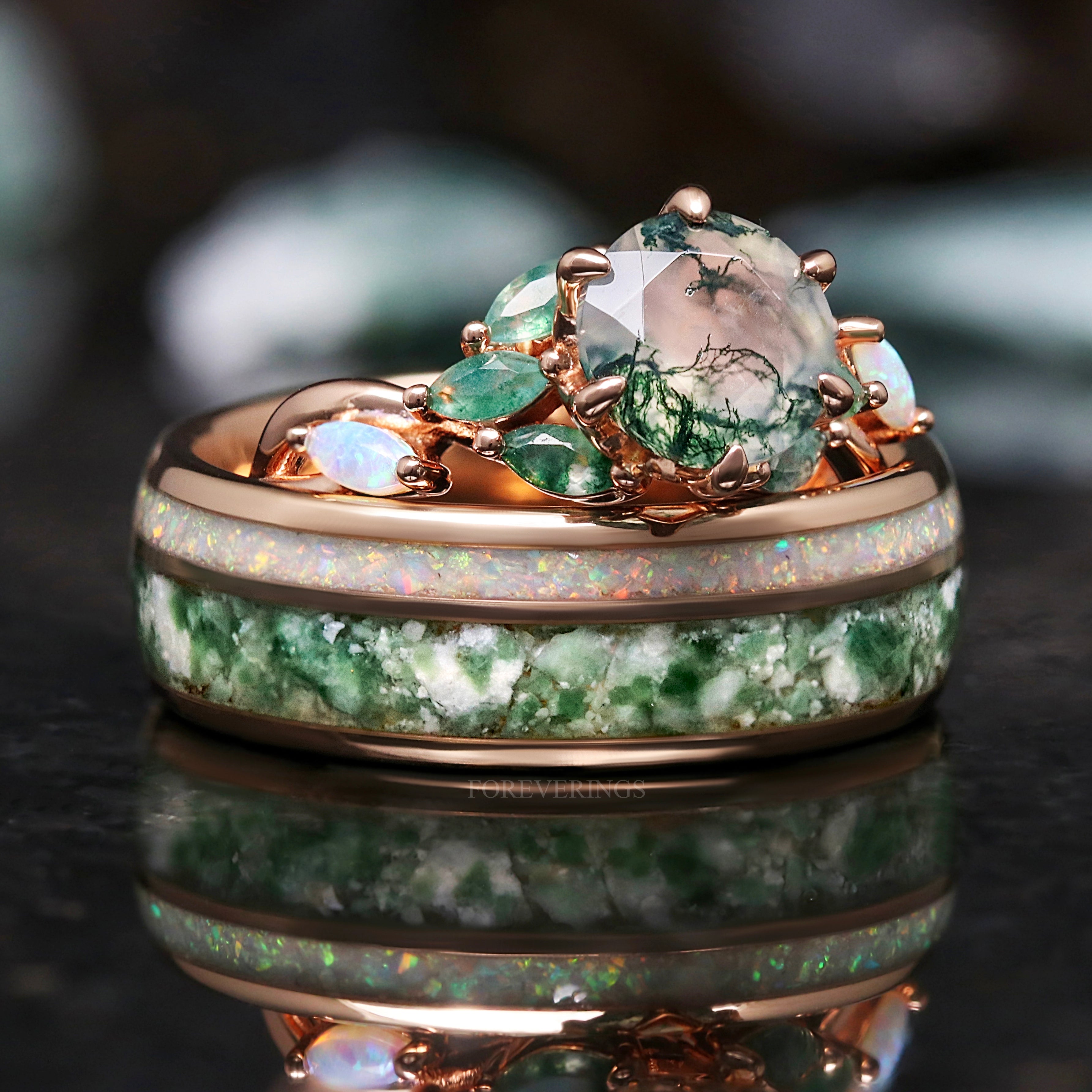 Nesta Rose Gold Moss Agate Ring Set - Unique Rose Gold Engagement & Wedding Rings, His and Her Nature-Inspired Promise Rings for Couples