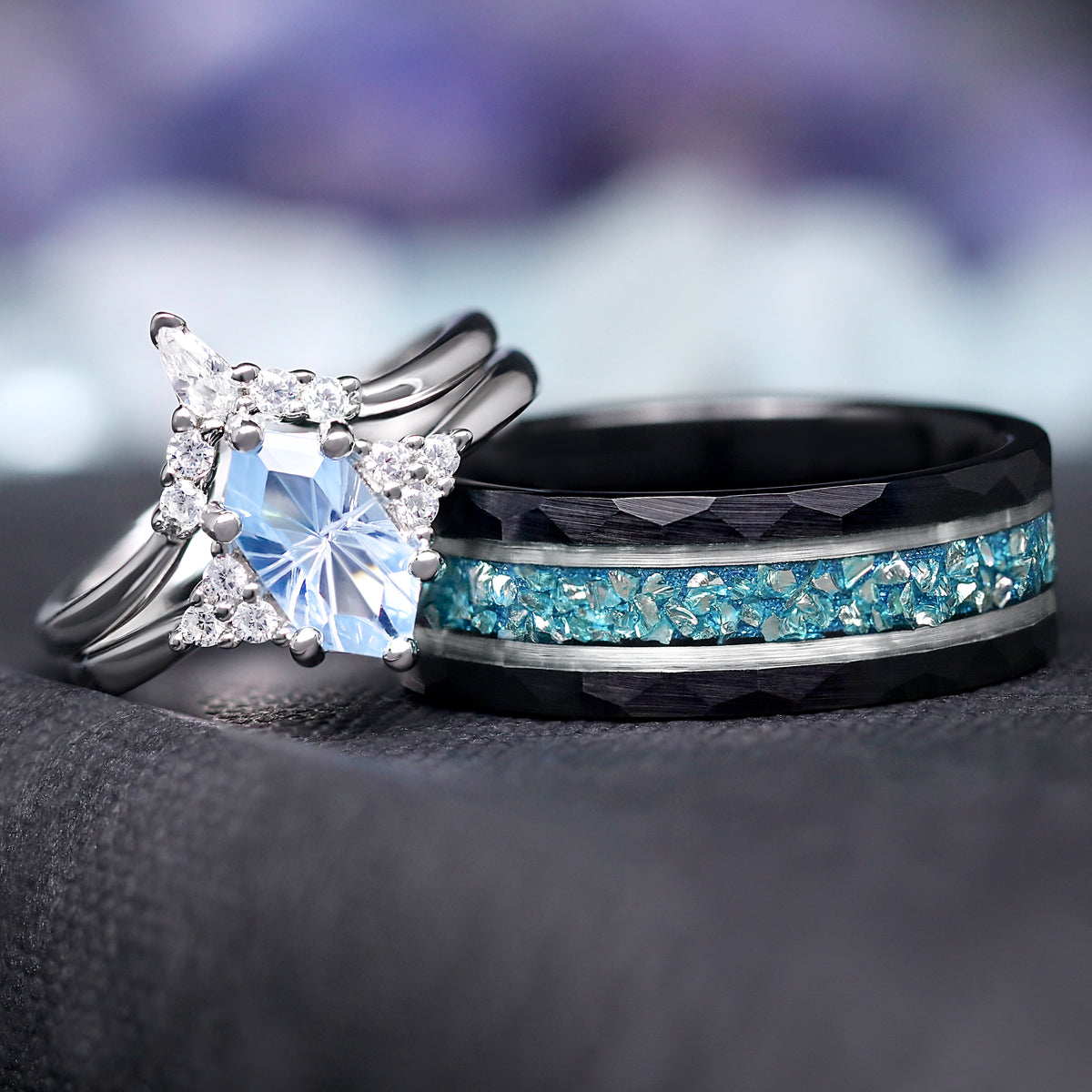 Matching aquamarine couples ring set: sterling silver bridal set and 8mm black tungsten band with aquamarine inlay
