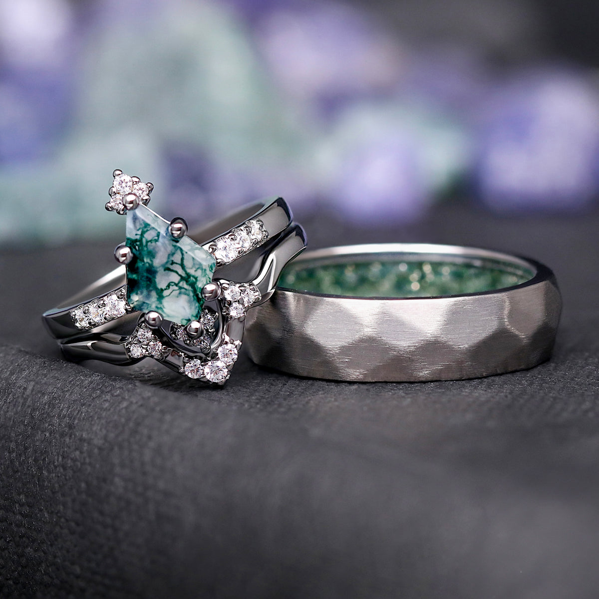 Couples wedding band set with moss agate gemstone
