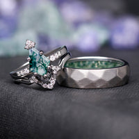 Couples wedding band set with moss agate gemstone