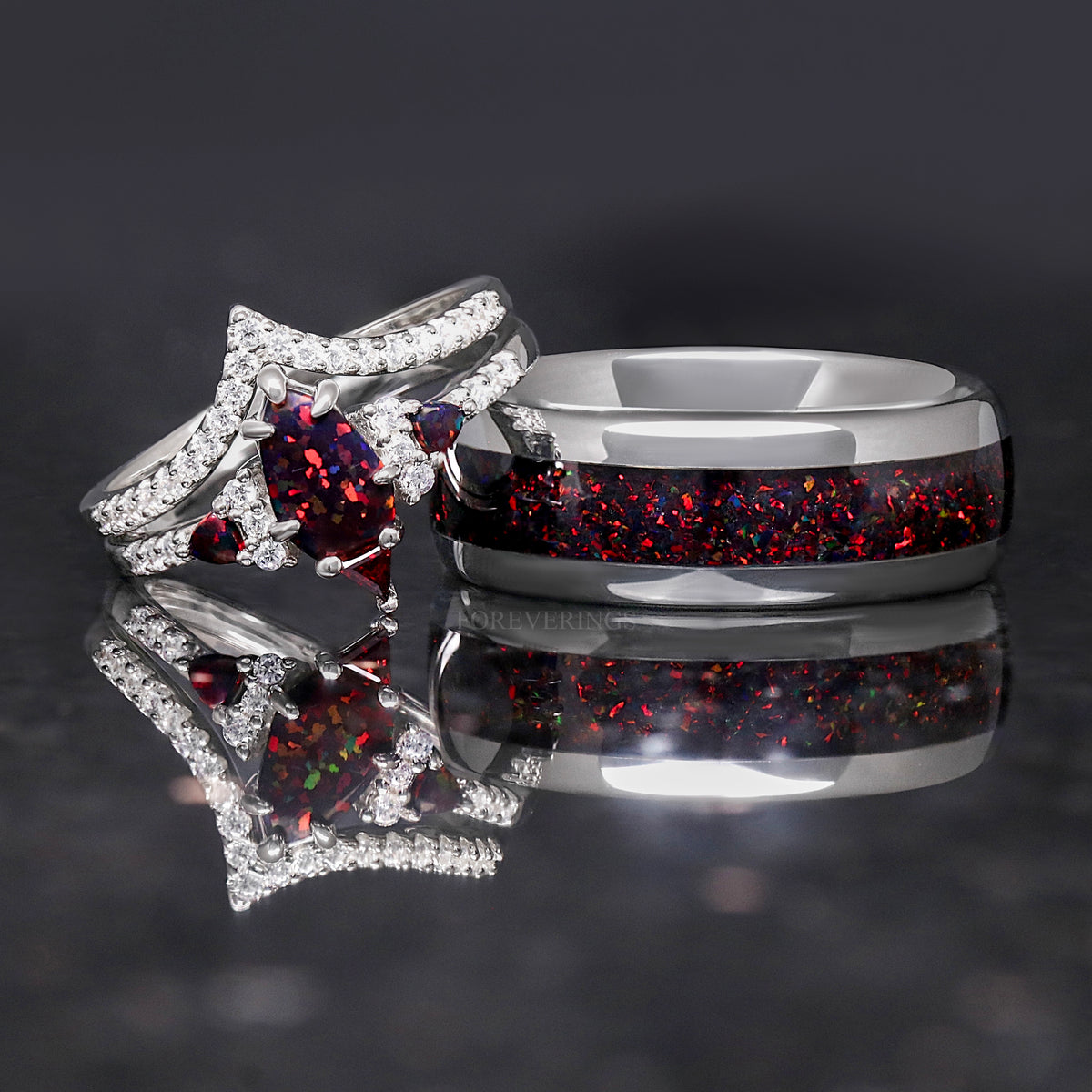 Black opal silver couples wedding bands