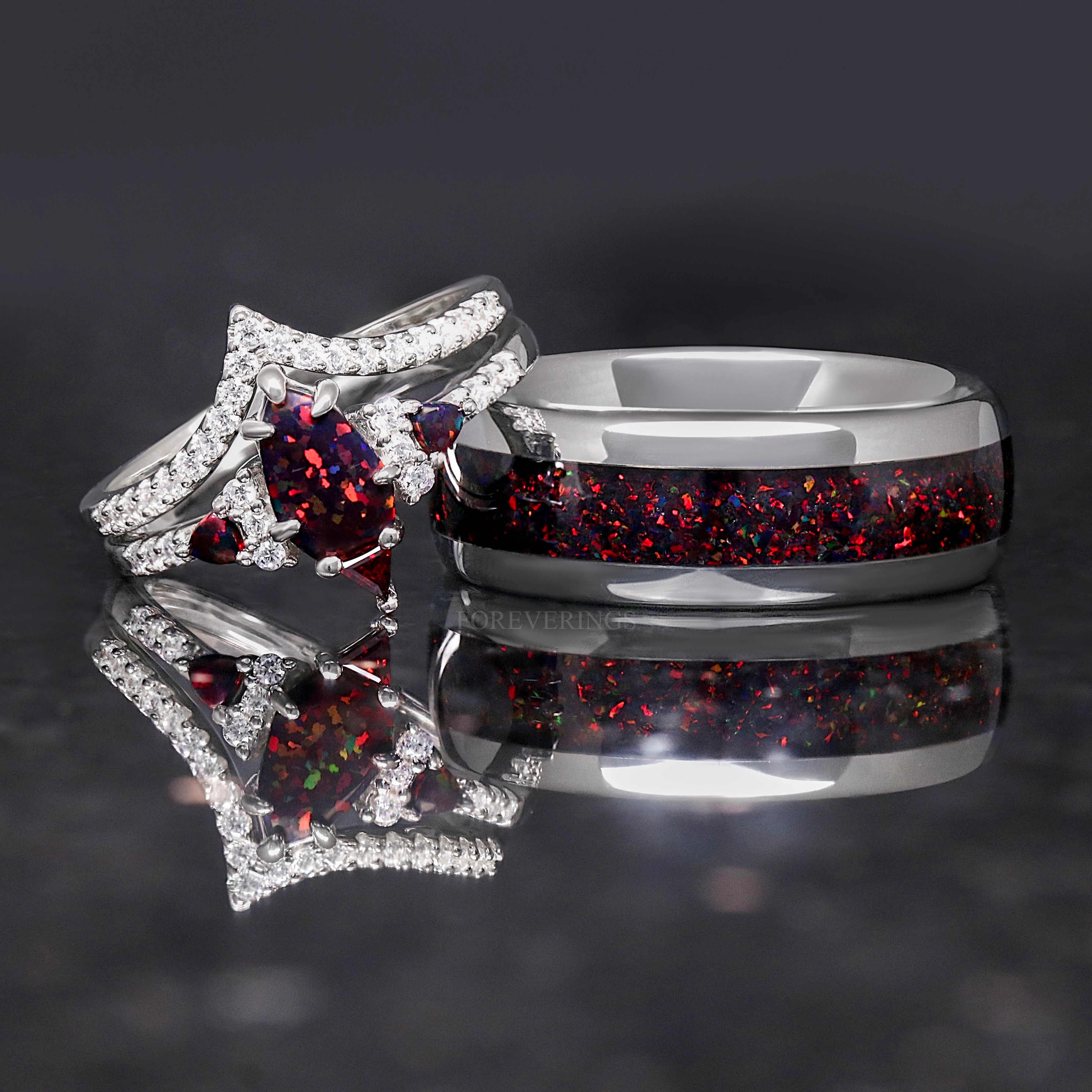 Black opal silver couples wedding bands