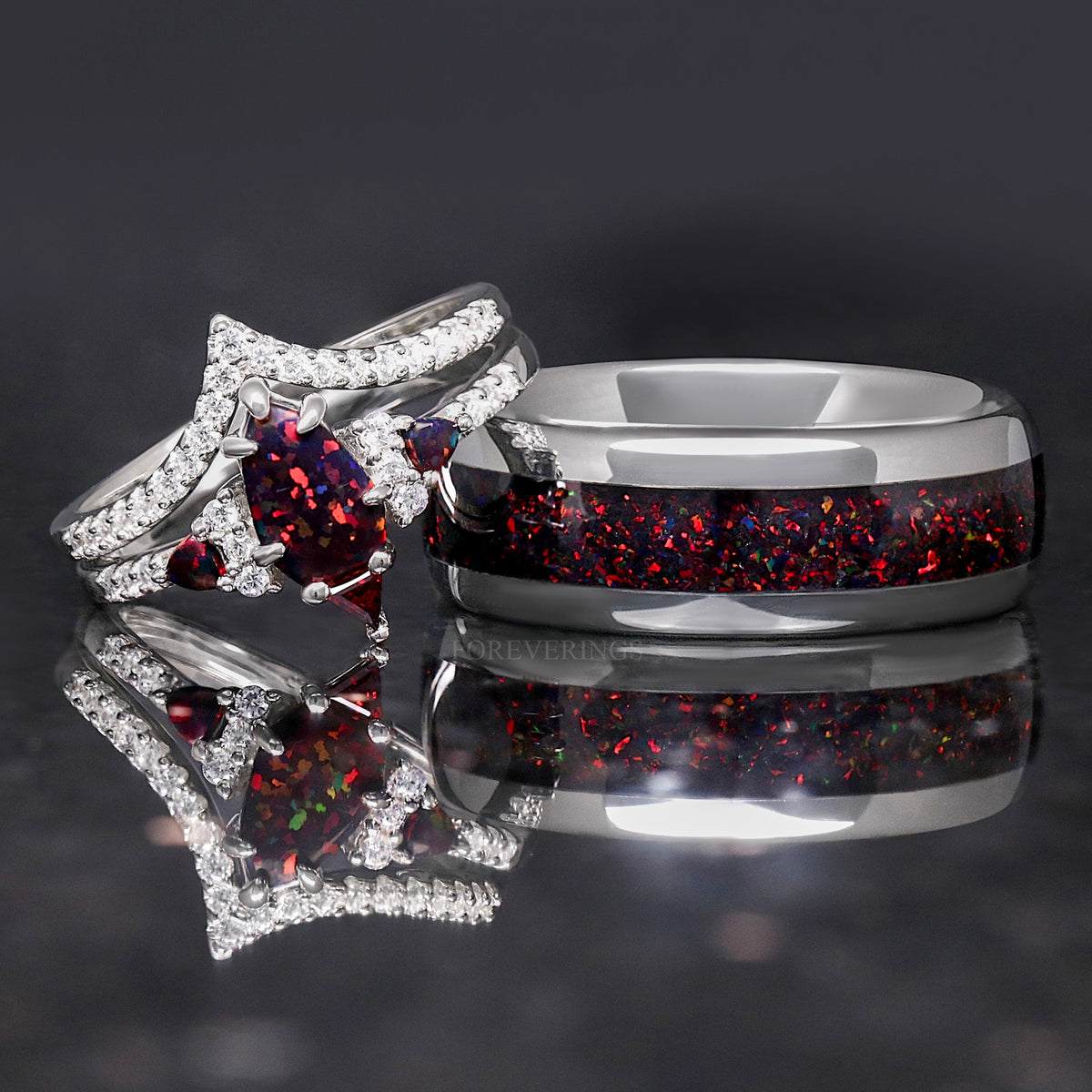 Lumiere black fire opal couples ring set