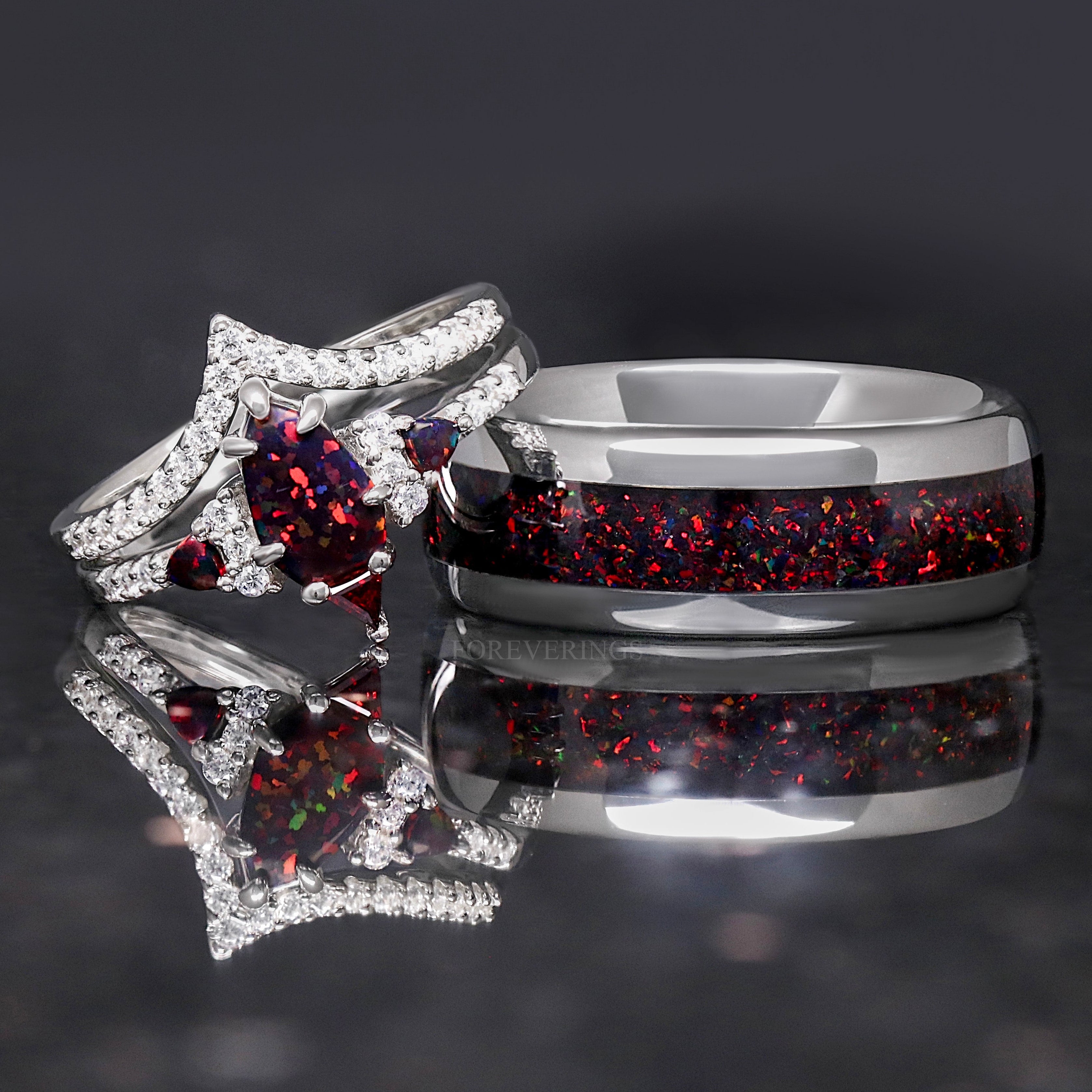 Lumiere Black Fire Opal Ring Set in Silver for Couples