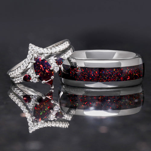 Lumiere black fire opal couples ring set