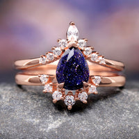 Starry Night Engagement Ring Set, Blue Sandstone Galaxy Ring, Rift Nebula Ring, Sterling Silver Rose Gold Wedding Band, Unique Women’s Ring
