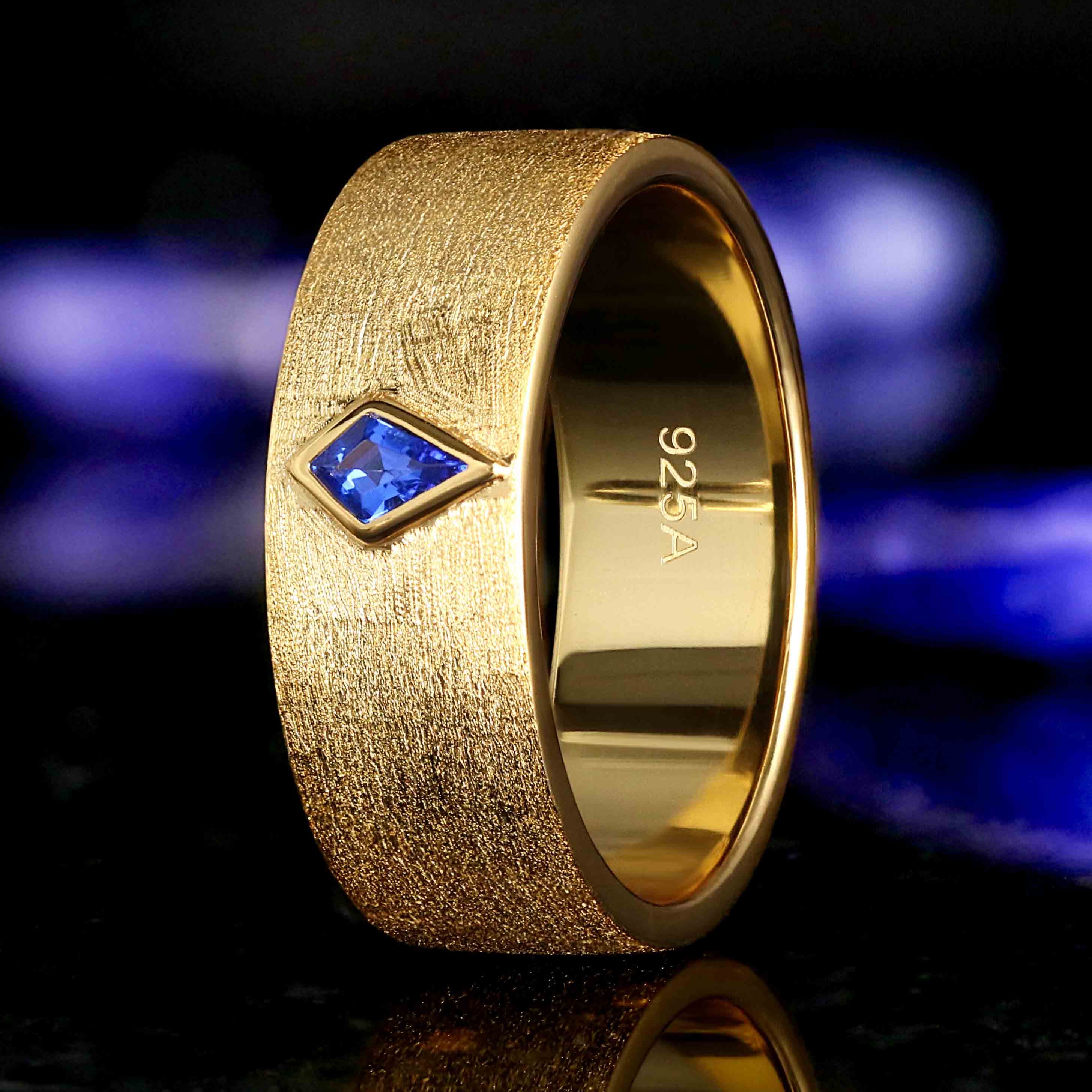 Kite Cut Sapphire Mens Ring, Gold Wedding Band for Him