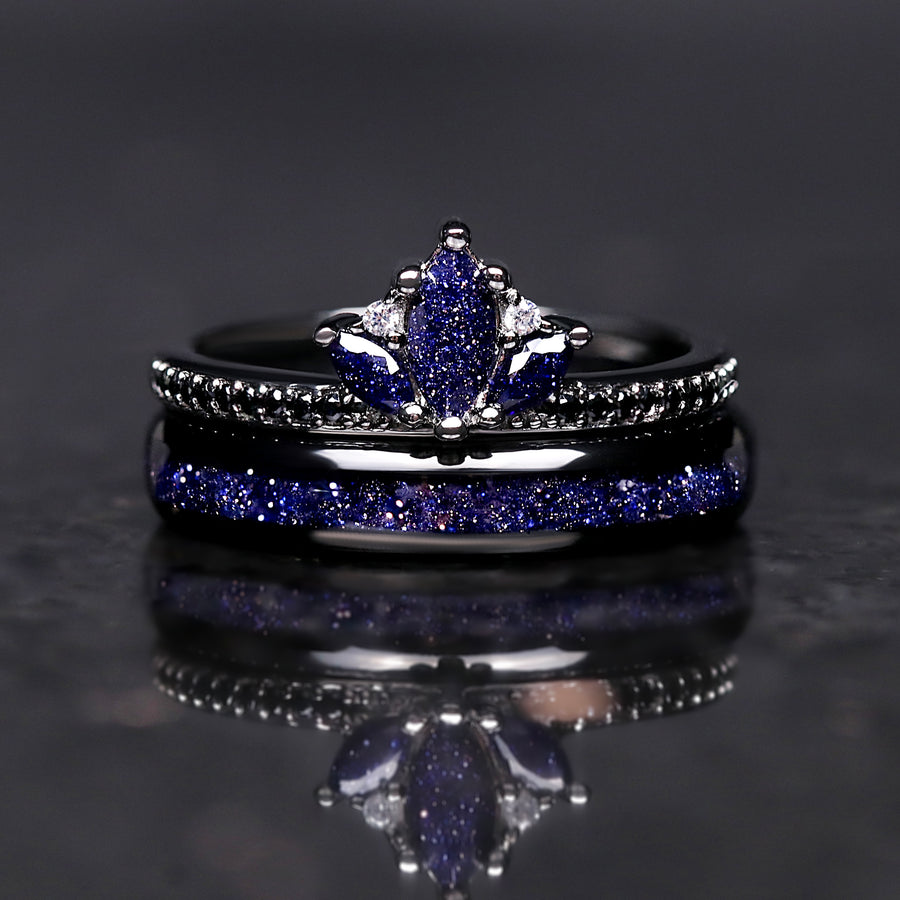 Lotus Starry Night Couples Ring Set | His and Her Sandstone Wedding Bands