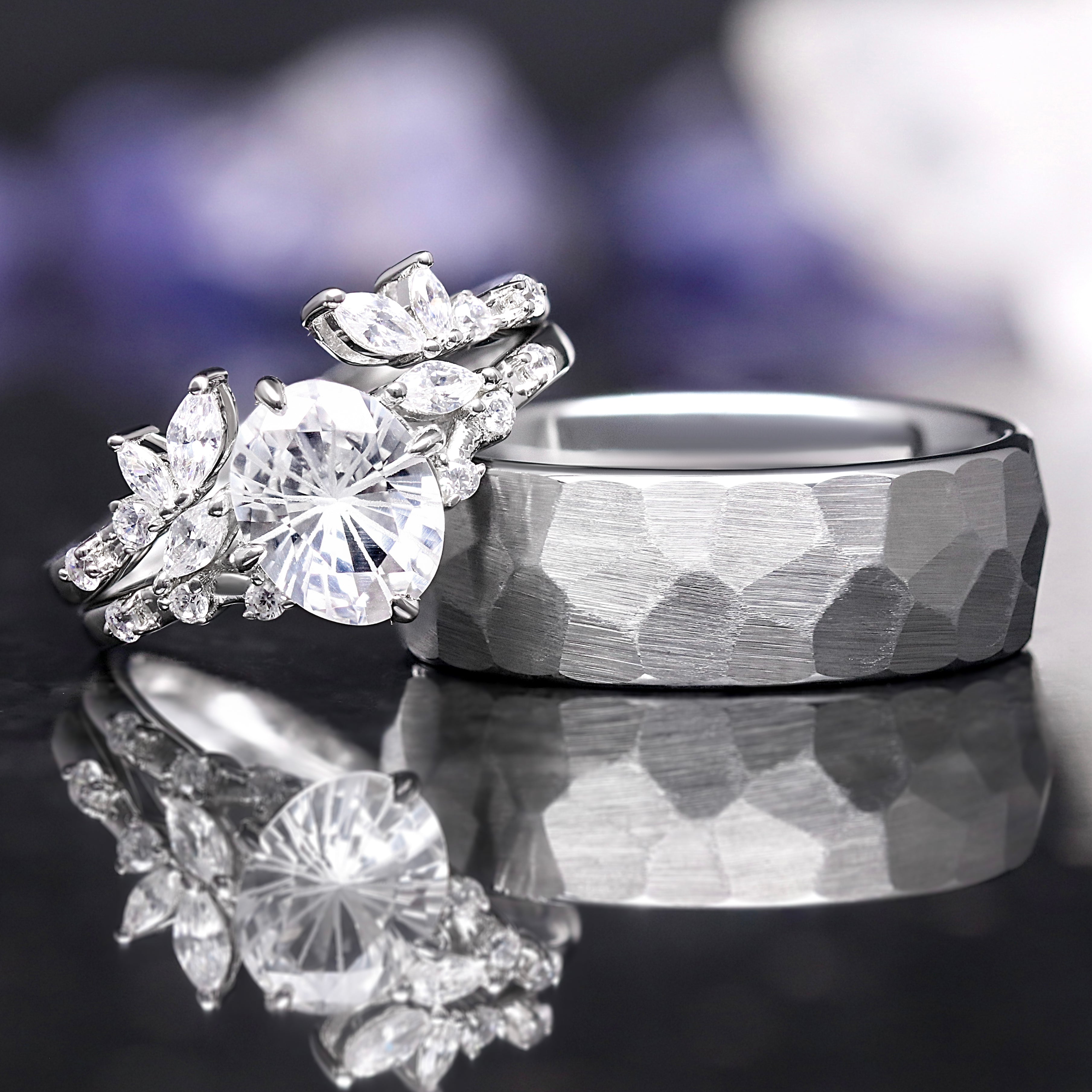 Everleaf Couples Ring Set - White Sapphire Engagement Ring Set - His and Her Matching Wedding Bands