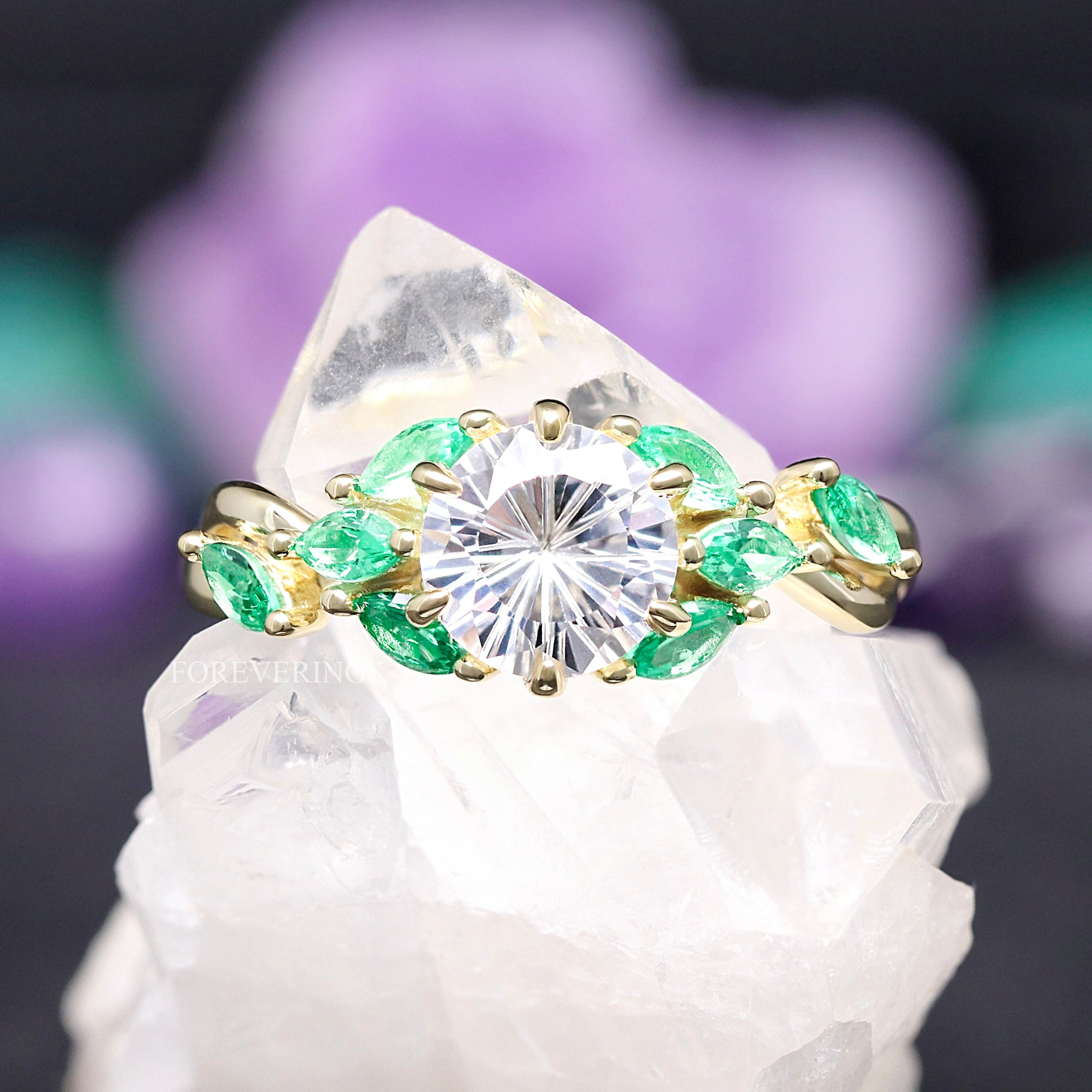 Nesta White Sapphire Engagement Ring - Nature-Inspired Gold & Emerald Twist, Unique Women's Wedding or Promise Ring for Her