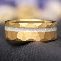 Mens Fire Opal Wedding Band | Hammered Gold Tungsten Ring