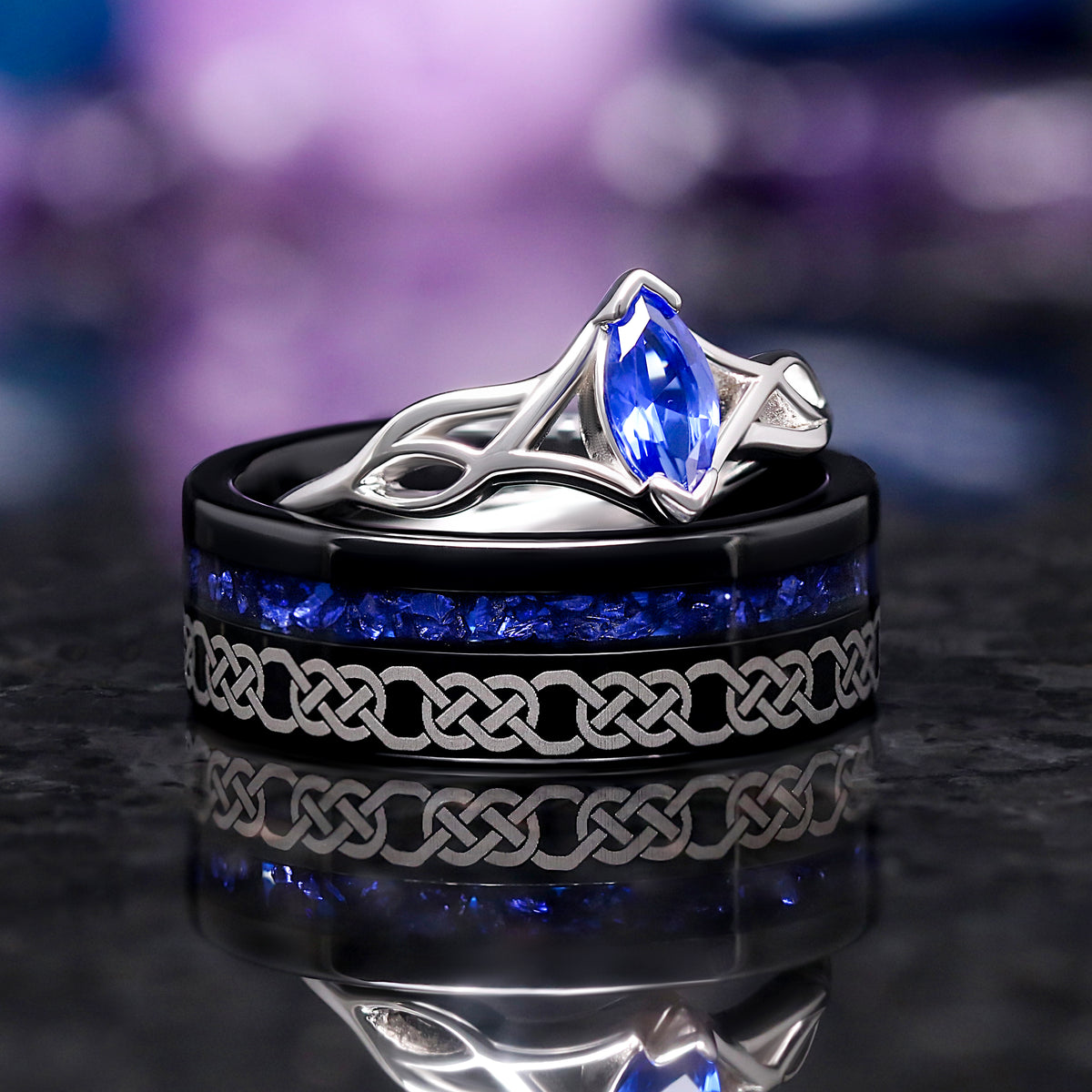 Celtic Knot Couples Ring Set – His and Hers Black & Blue Sapphire Wedding Bands, 925 Silver and Tungsten Promise Rings, Unique Matching Ring