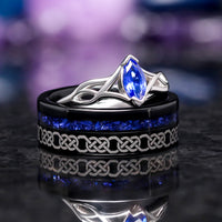 Celtic Knot Couples Ring Set – His and Hers Black & Blue Sapphire Wedding Bands, 925 Silver and Tungsten Promise Rings, Unique Matching Ring
