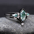 Black tungsten and 925 silver moss agate ring set for him and her