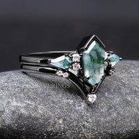 Black tungsten and 925 silver moss agate ring set for him and her