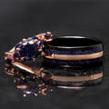 Matching blue sandstone rings: rose gold oval ring and 8mm black tungsten band with a rose gold stripe
