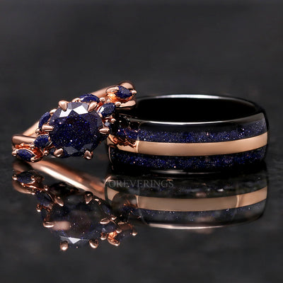 Nesta Starry Night Engagement Ring Set for Couples, Great Rift Nebula, Rose Gold Sandstone, His & Her Space Wedding Ring Set, Promise Ring