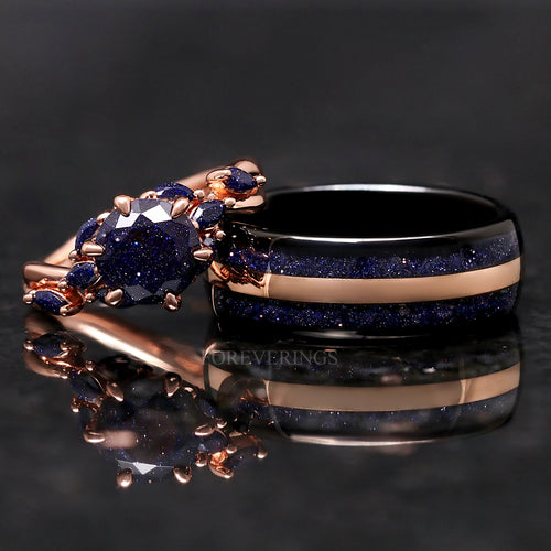 Nesta Starry Night Engagement Ring Set for Couples, Great Rift Nebula, Rose Gold Sandstone, His & Her Space Wedding Ring Set, Promise Ring