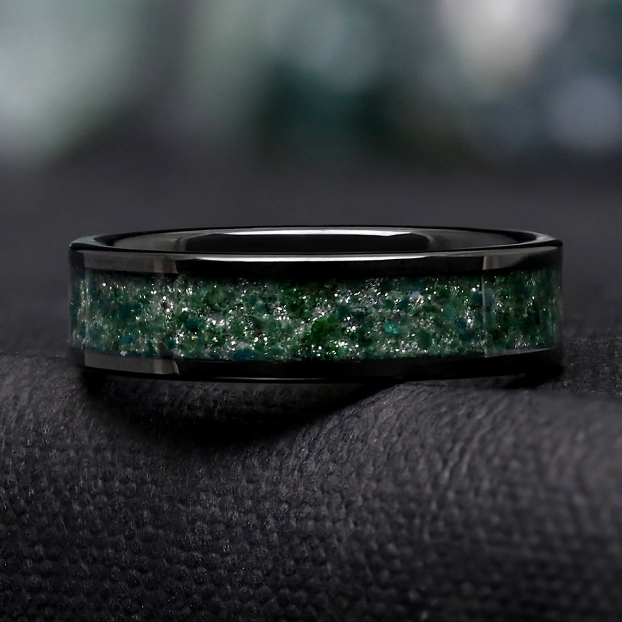 Kite Cut Moss Agate Engagement Ring Set | Couples Matching Bands