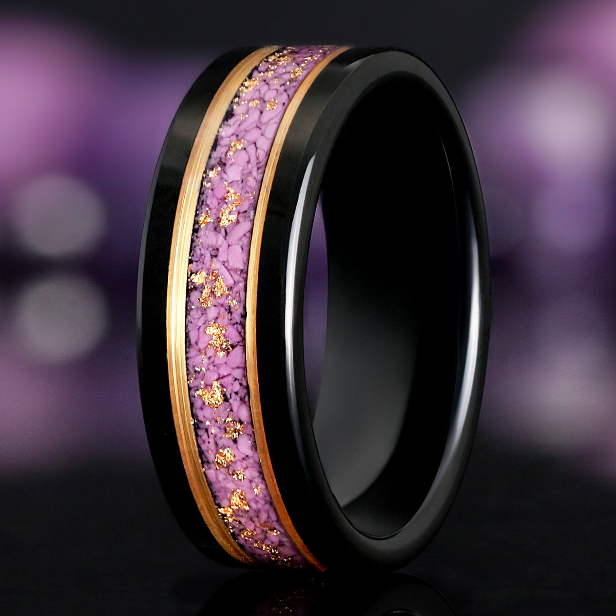 Mens Purple Turquoise Engagement Band | Black Tungsten Gold Inlay