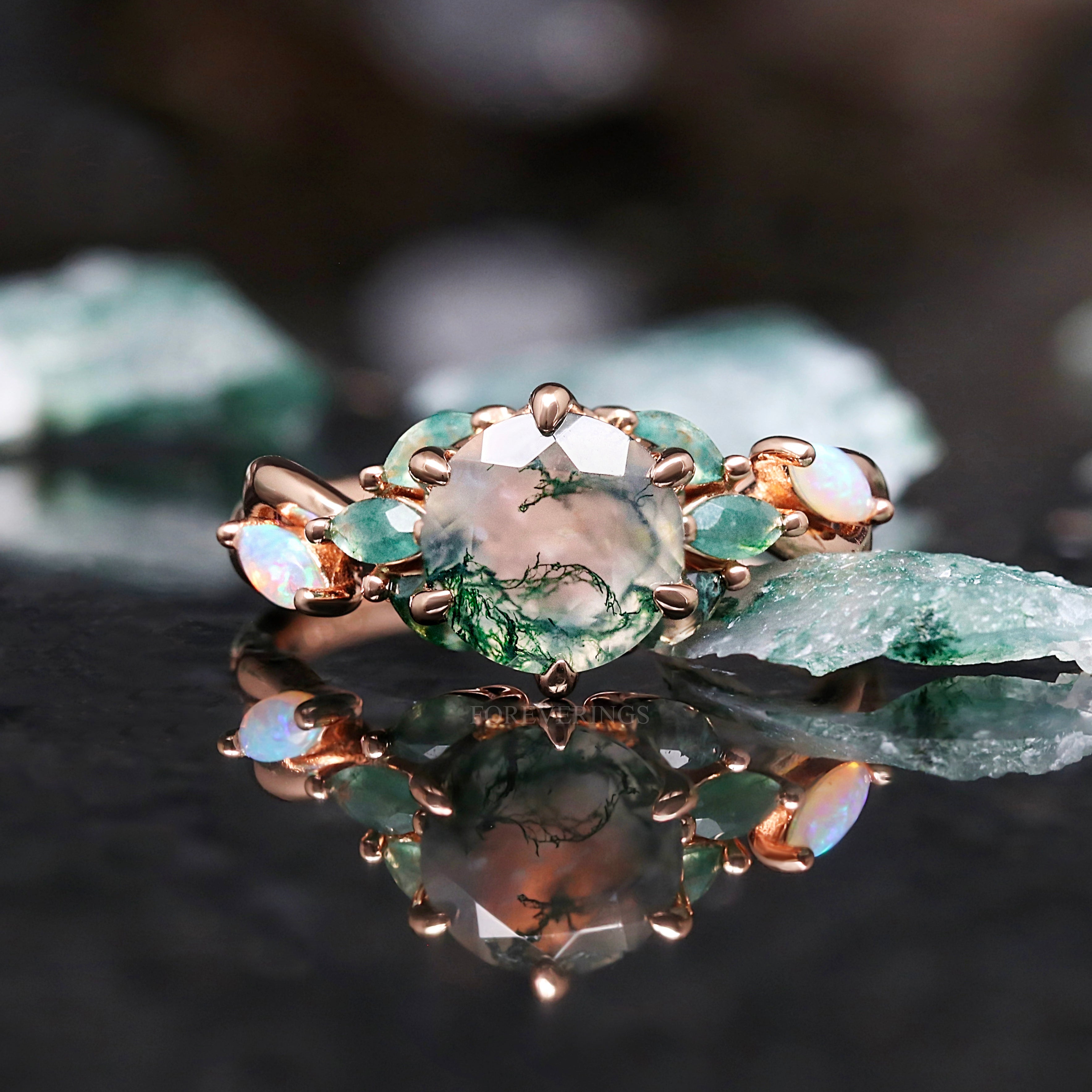 Nesta Rose Gold Moss Agate Ring Set - Unique Rose Gold Engagement & Wedding Rings, His and Her Nature-Inspired Promise Rings for Couples