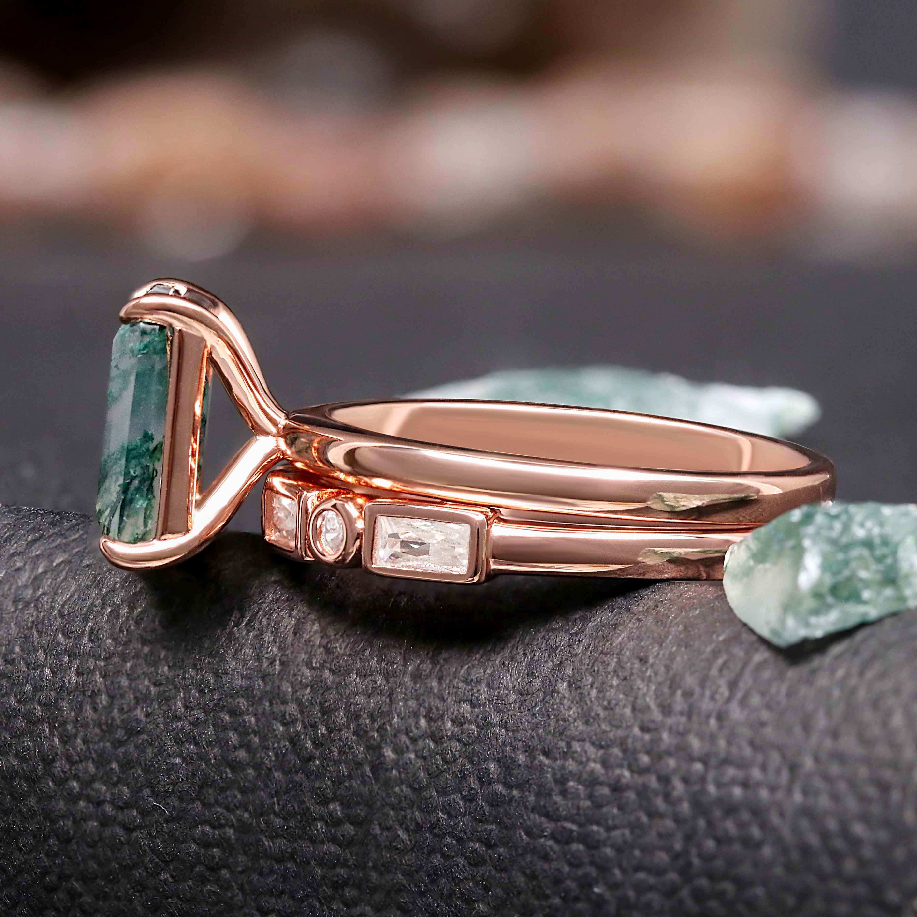 Vella Moss Agate Engagement Ring Set - Rose Gold Sterling Silver Bridal Set