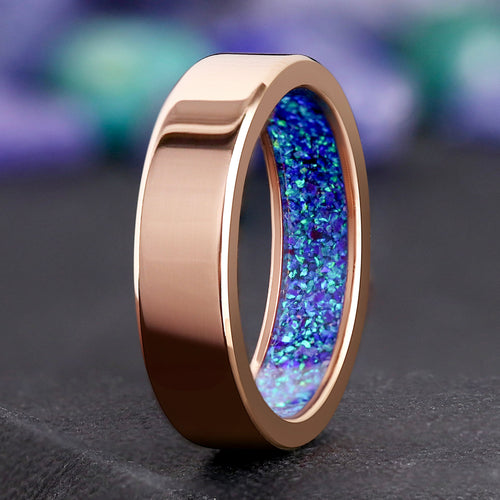 Borealis blue opal men’s ring rose gold wedding band 6mm