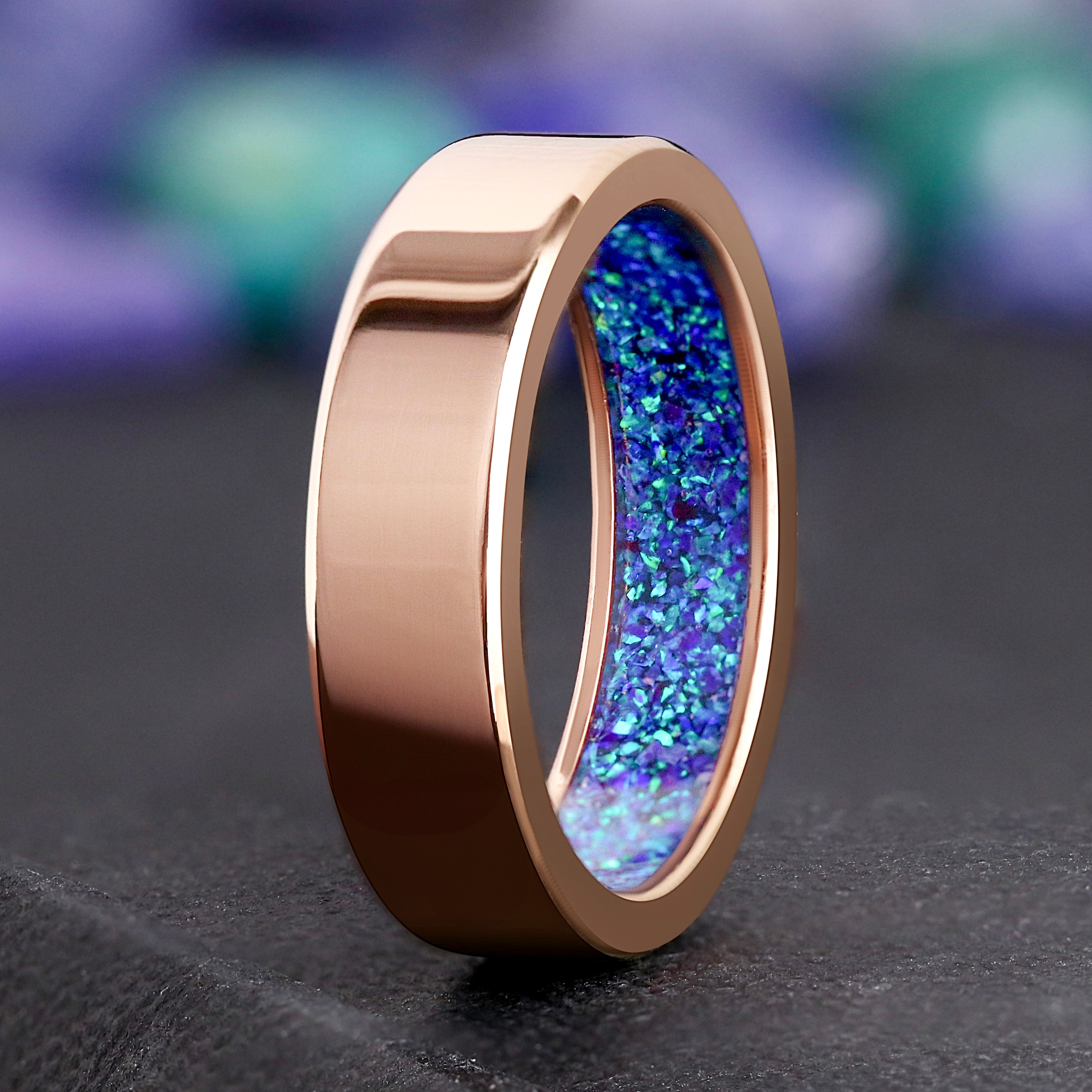 Borealis Blue Opal Ring, Men's Rose Gold Wedding Band, 6mm Flat Promise Ring, Unique Inside Inlay, Polished Finish, Anniversary Gift for Him