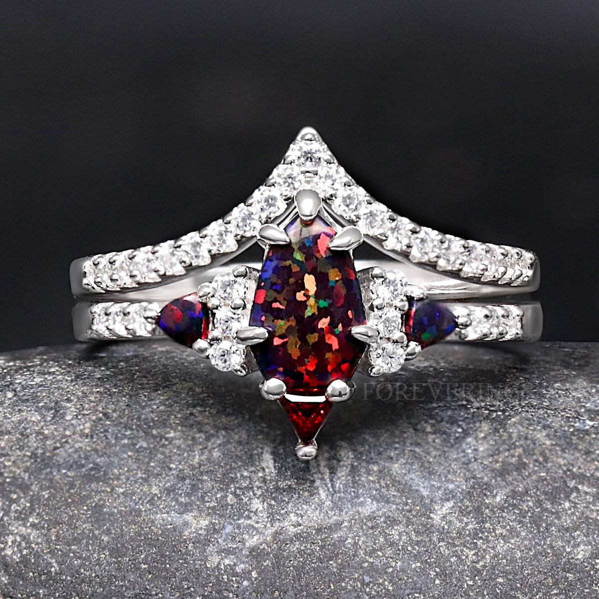 Lumiere Black Fire Opal Ring, Sterling Silver Woman Engagement Ring