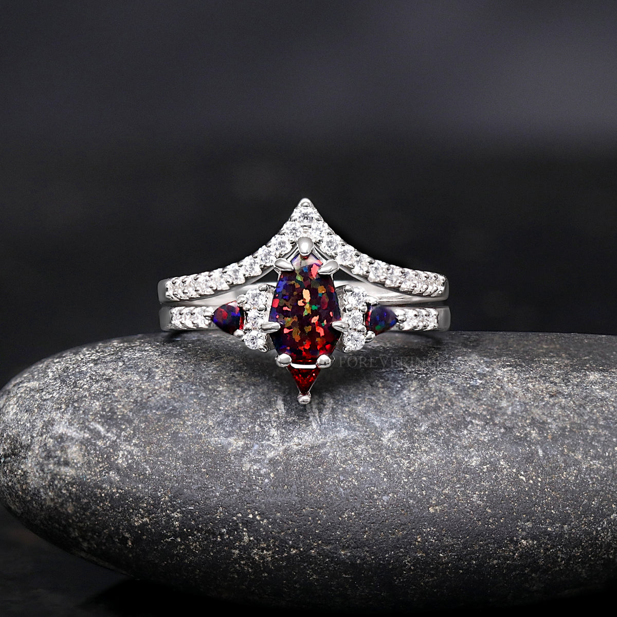 Black fire opal wedding ring set