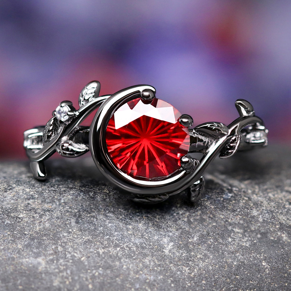 Nightleaf Crescent Moon Engagement Ring, Nature Leafy Ring, Unique Ring for Women, Black Alternative Wedding Ring, 925 Sterling Silver