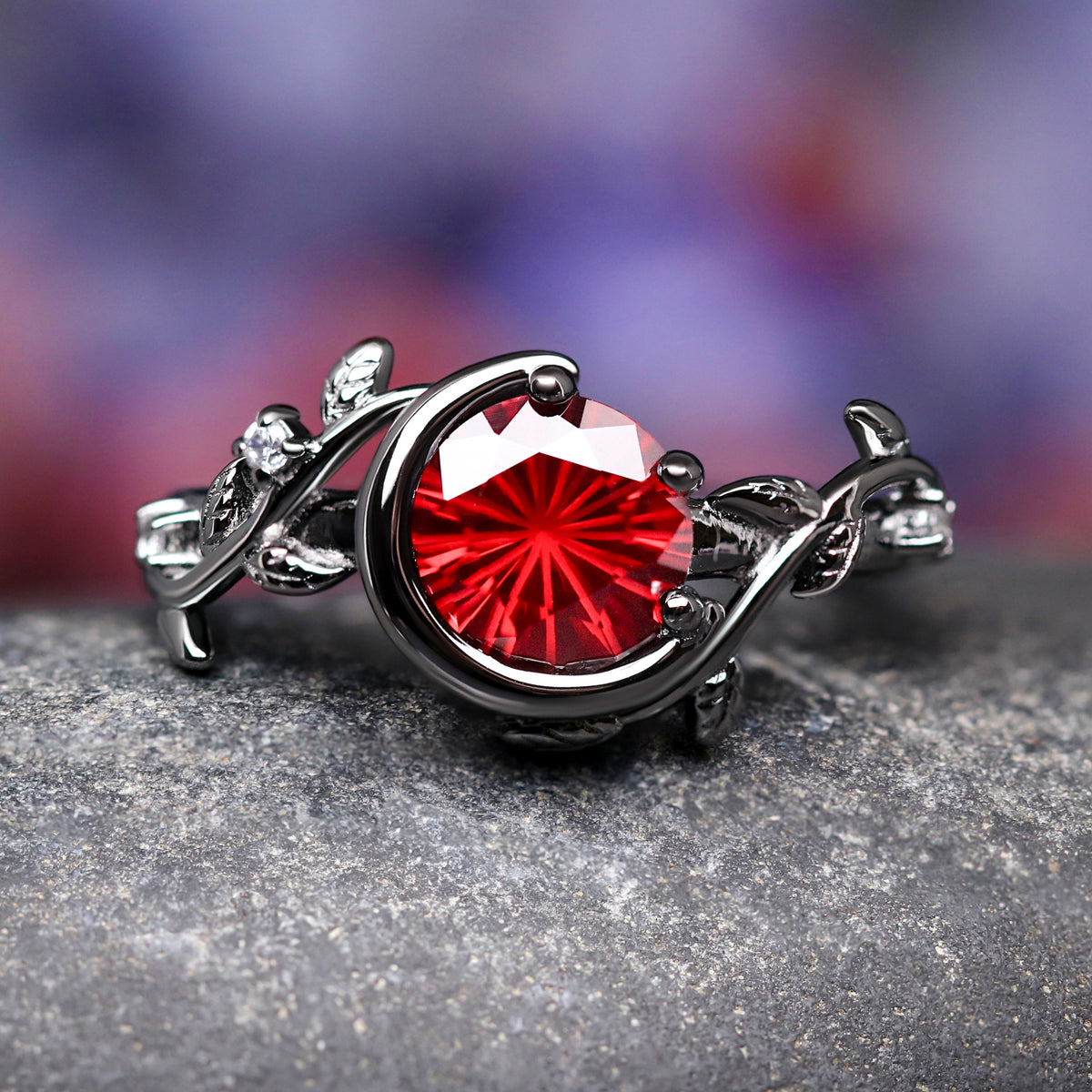Nightleaf Crescent Moon Couples Ring Set, His and Her Wedding Ring, Leaf Engagement Ring Set, Matching Promise Rings, Black & Red Rhodolite